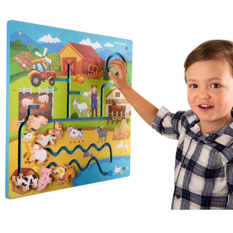 Our On The Farm Activity Wall Toy WOODEN Interactive WALL Panel will delight children as they move the Animals through the beautifully designed Farm Scene