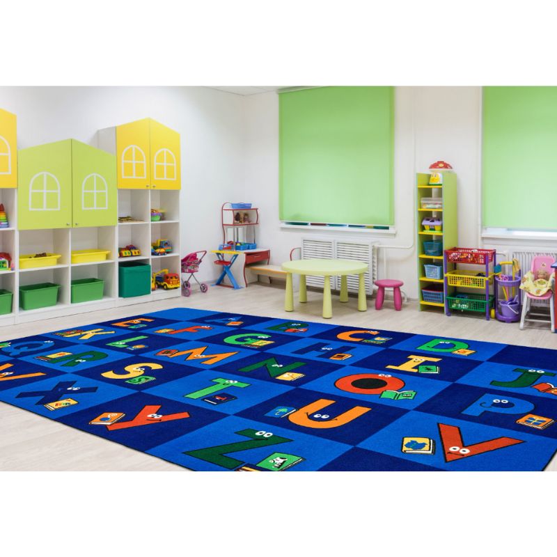 The large seating spaces on the reading letters rug will provide each child with their own spot to help with organization in a classroom or library.