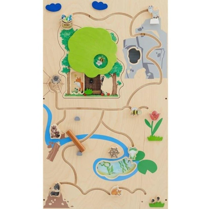 The Forest Activity Wall Panel features sliding elements that help to develop fine motor skills and encourage discussion between peers and health care providers