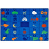 A blue alphabet rug featuring a grid of uppercase and lowercase letters from A to Z, each paired with a corresponding colorful educational icon such as an apple, car, dog, house, sun, and umbrella, shown on a white background.