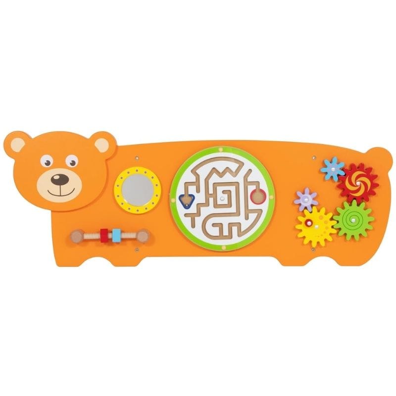 An orange bear-shaped children's activity board with multiple sensory and motor skills. The board features a smiling bear face on the left, a circular mirror, a maze in the center, a sliding block with red, blue, and brown pieces, and colorful interlocking gears on the right.