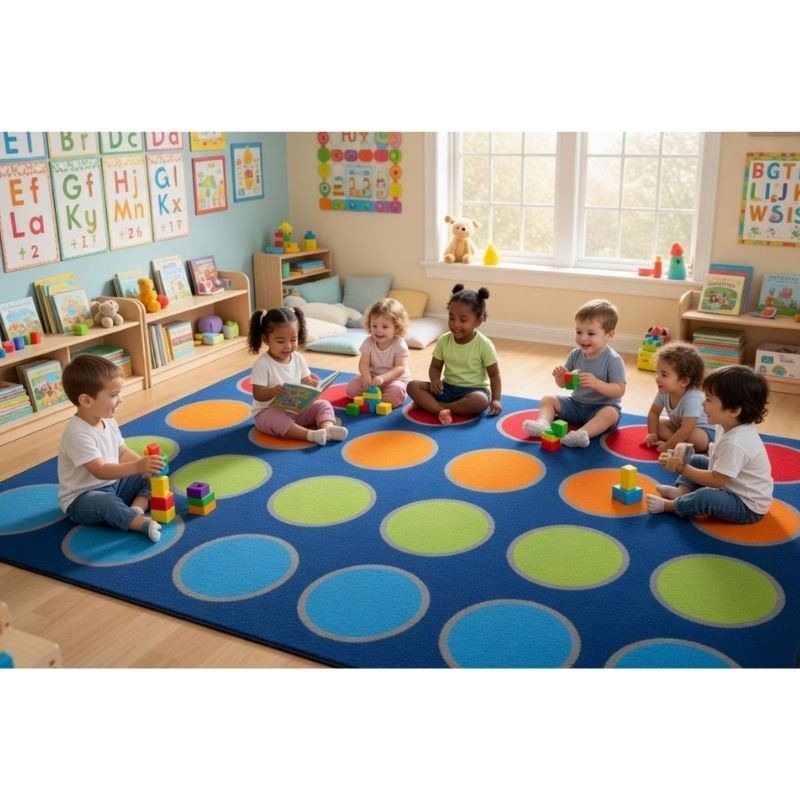 Children playing with toys on a colorful mat in a classroom setting. Color_Carnival_Dots_Rug