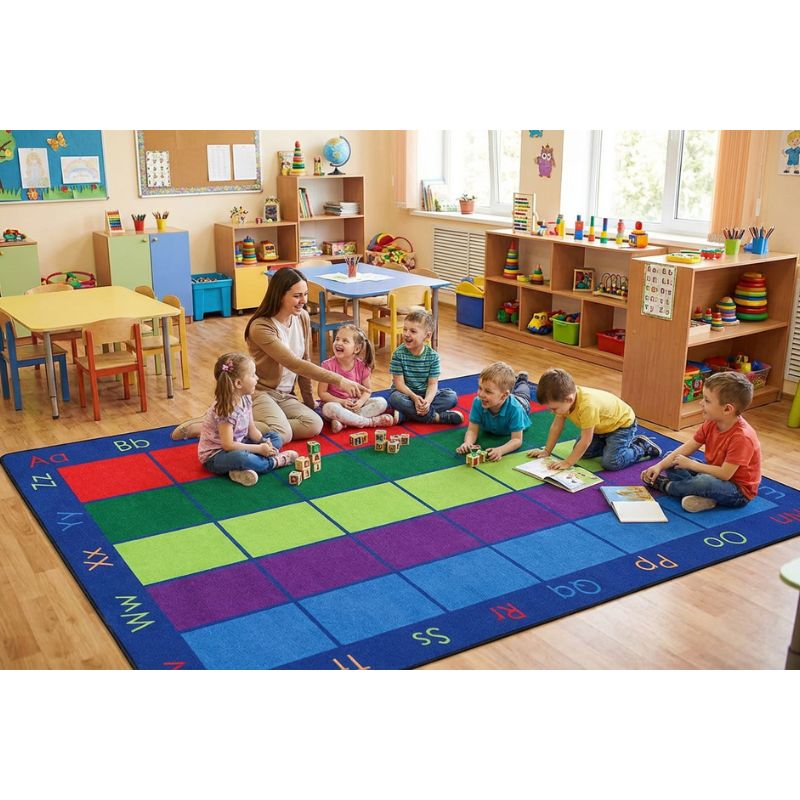 Children playing on a colorful classroom rug with educational letters, supervised by a teacher.