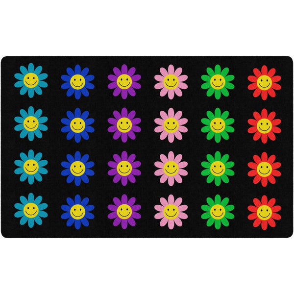 Colorful flower-shaped smiley face on a black background Seating Rug