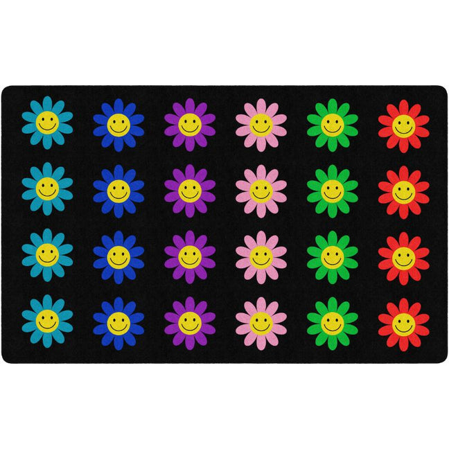 Colorful flower-shaped smiley face on a black background Seating Rug
