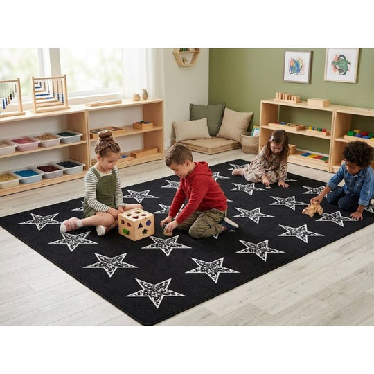 Composition Book Stars On Black Classroom Rug