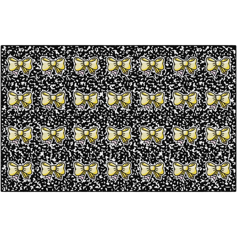 Classroom Rug with a Pattern of yellow bows on a black background with white speckles