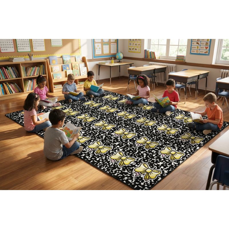 Children sitting on a butterfly-patterned rug in a classroom.