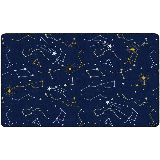 A rectangular area rug featuring a dark navy blue space-themed pattern with white and yellow constellations, stars, and shooting stars.