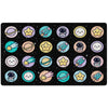 A rectangular black mat or rug featuring a grid of cute cartoon space-themed icons, including planets, stars, rockets, and astronauts, on a white background.
