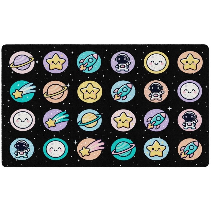A rectangular black mat or rug featuring a grid of cute cartoon space-themed icons, including planets, stars, rockets, and astronauts, on a white background.