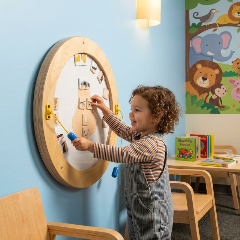 Child playing with a wooden toy on a wall in a colorful classroom.