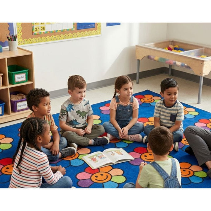 Rainbow Flowers Happy Face Classroom Rug