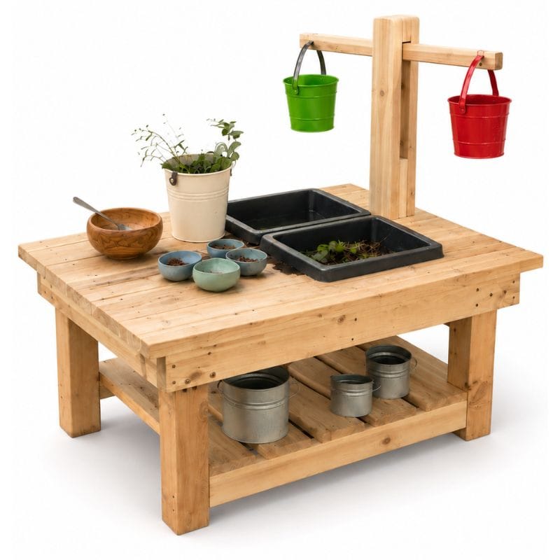 A wooden toy garden playset with a sandbox, small planters, hanging buckets in green and red, and storage bins on a white background.