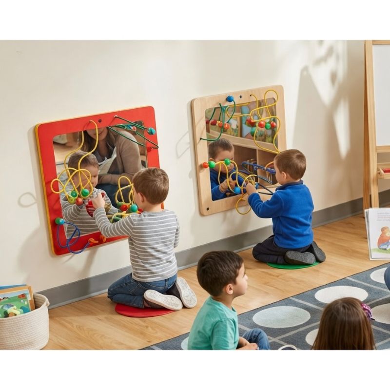 Children playing with educational wall toys in a classroom setting. Featuring the mirror and bead wall activity and a SensoryEdge seating rug.