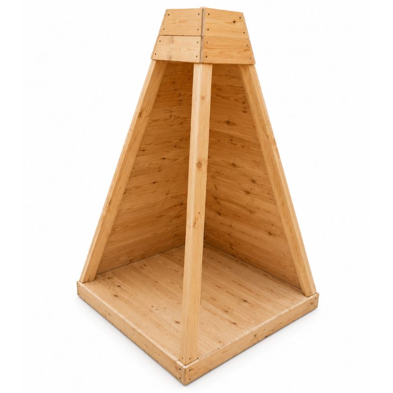 A natural wood teepee-style play tent with a slanted roof and open sides, shown on a plain white background.