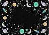 A rectangular black rug or mat with a space-themed border pattern featuring planets, stars, constellations, crescent moons, and rockets in pastel colors around the edges.