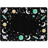 A rectangular black area rug with a colorful outer border featuring space-themed illustrations including planets, stars, crescent moons, rockets, and constellations.