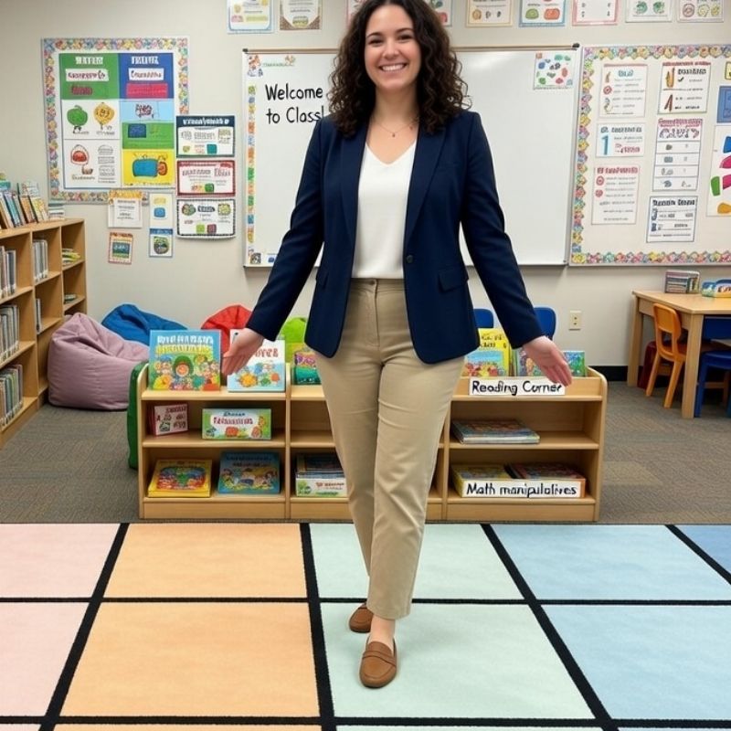 Teacher standing on a SensoryEdge classroom carpet with educational materials and decorations on the walls.