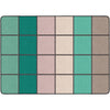Checkered classroom rug with green, pink, beige, and brown squares 

