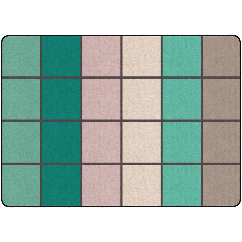 Checkered classroom rug with green, pink, beige, and brown squares 


