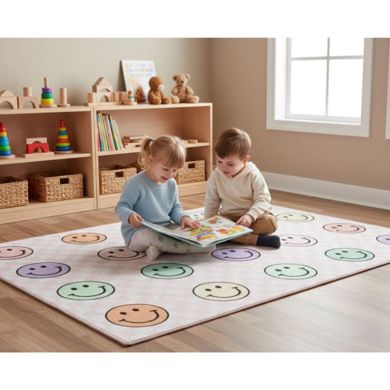 Pink Checkerboard Happy Face Classroom Rug