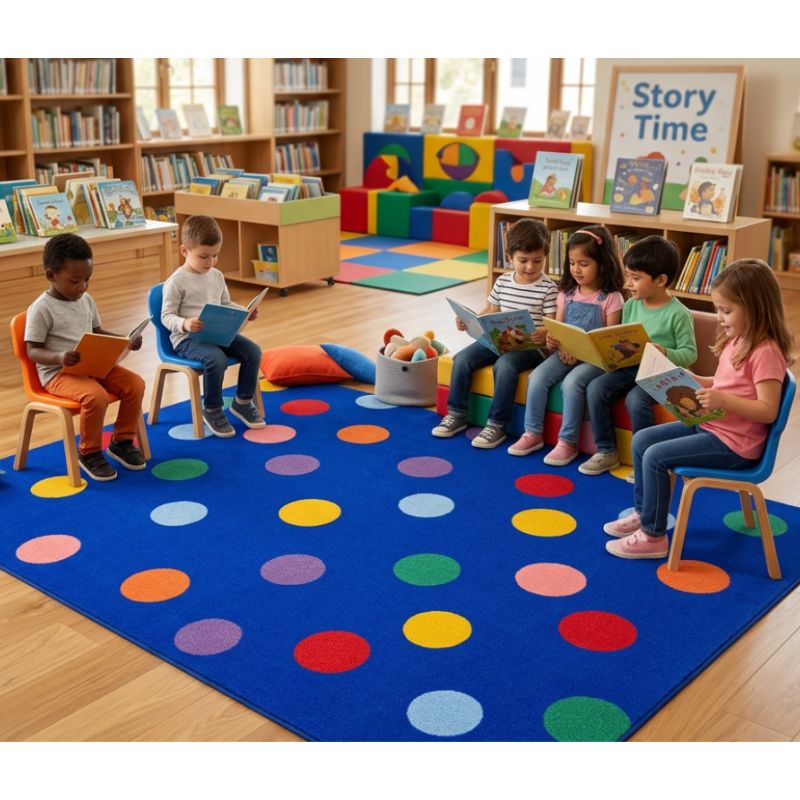Children sitting on a colorful rug in a classroom setting, reading books.