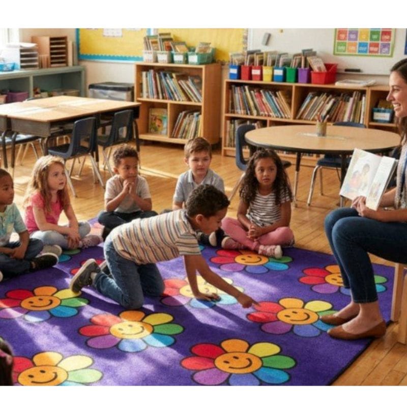 Rainbow Flowers Happy Face Classroom Rug
