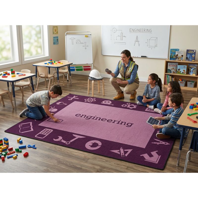 Children and teacher in a classroom with a purple 'engineering' themed rug.