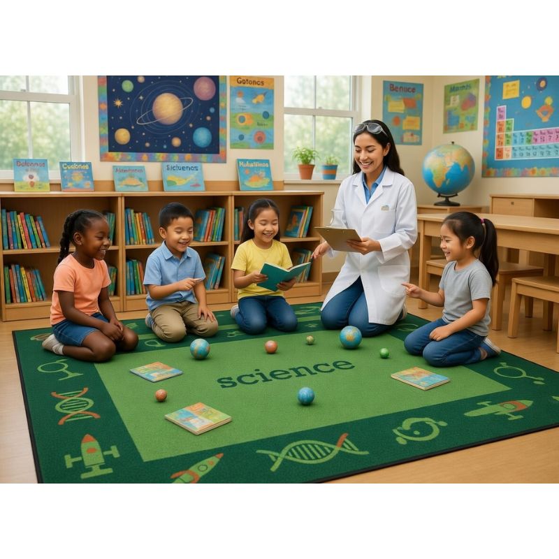 Teacher and students in a classroom setting with educational materials on a 'science' themed rug.