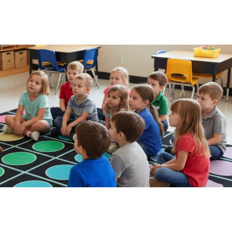 pop_of_color_grid_rug Children sitting on a colorful school rug in a educational setting