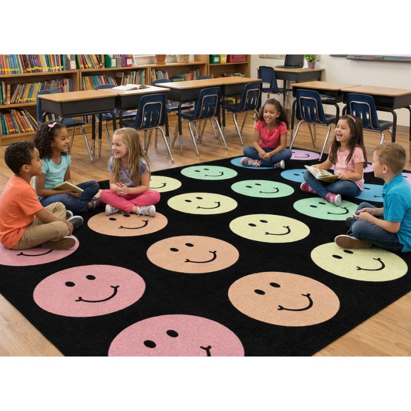 Children sitting on a rug with smiley face patterns in a classroom setting.