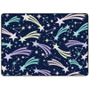 A rectangular area rug with a dark navy blue background, decorated with a repeating pattern of pastel-colored shooting stars, stars, and constellations.