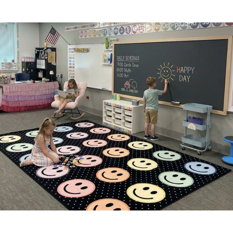 Smiley Seating Pastel On Black School Rug
