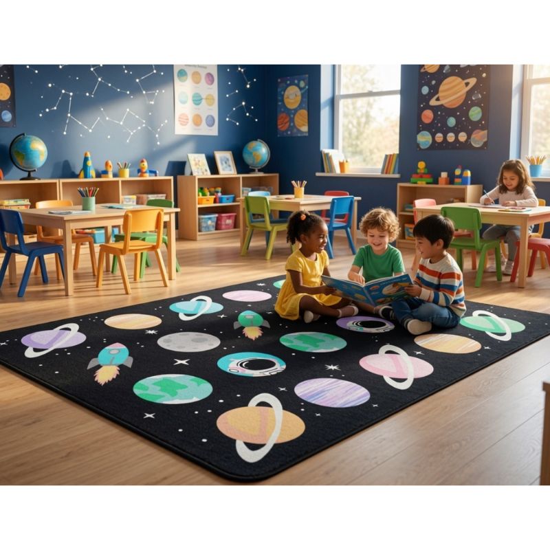 A children's classroom with kids sitting on a large black space-themed area rug decorated with colorful planets, rings, stars, and rockets. The room has blue walls, educational posters, shelves, and colorful chairs and tables.