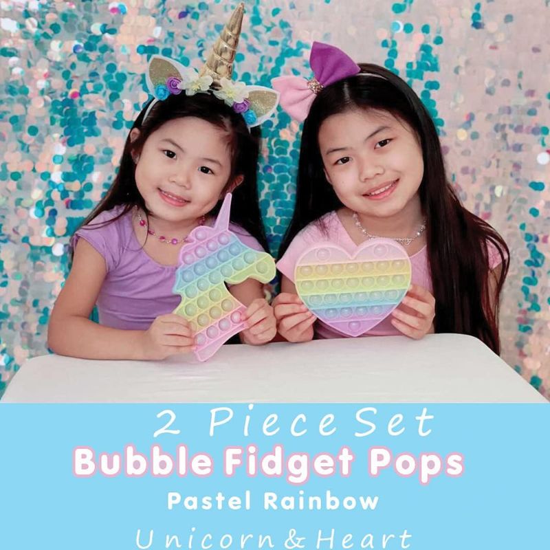 rainbow heart and unicorn bubble pop fidget set
