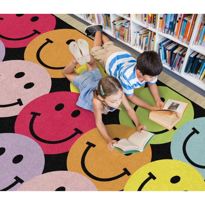 Big Rainbow Smiley Faces Classroom Rug