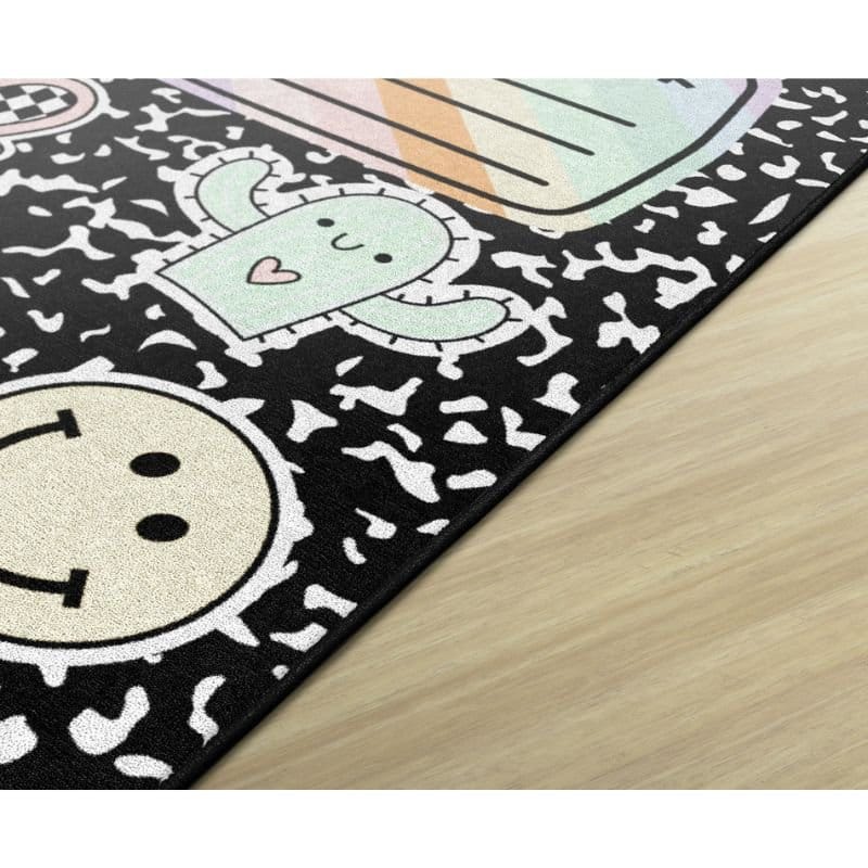 Composition Book Classroom Rug with Fun Stickers Design