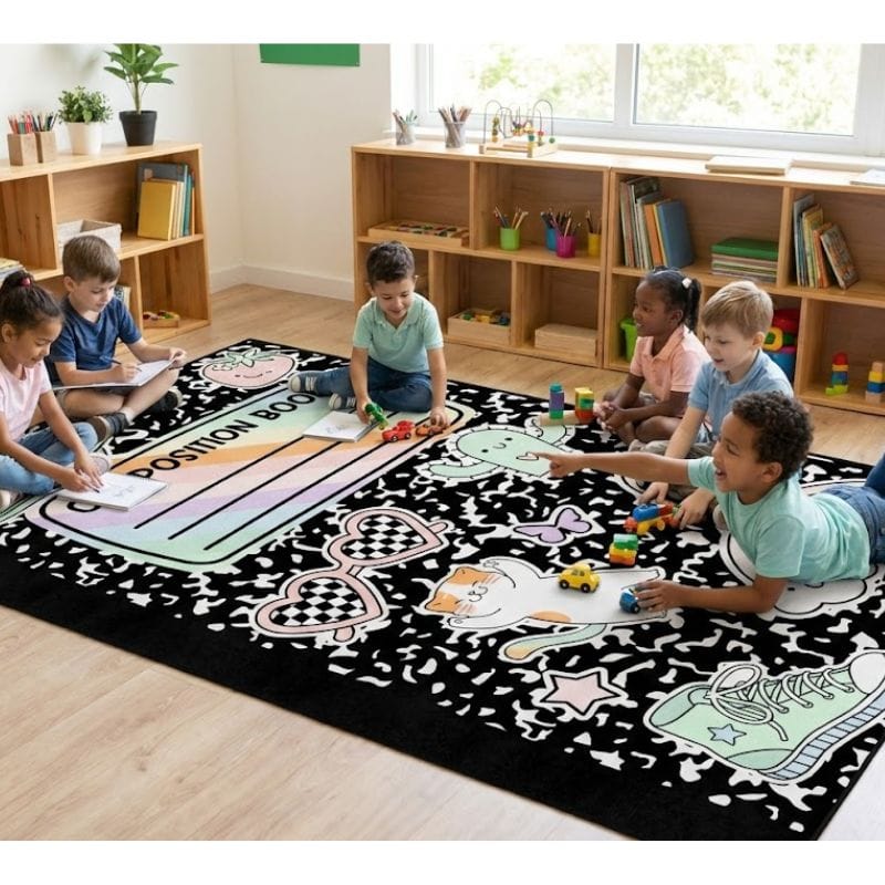 Composition Book Classroom Rug with Fun Stickers Design