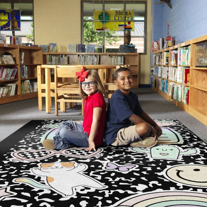 Composition Book Classroom Rug with Fun Stickers Design
