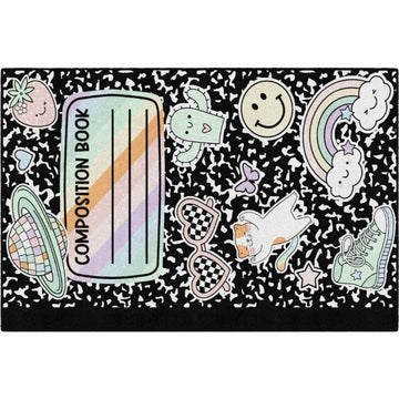 Composition Book Classroom Rug with Fun Stickers Design