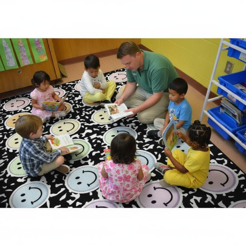 compostion book rug with teacher and kids