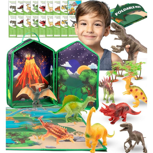 Child with dinosaur toys and a foldable map, featuring various toy dinosaurs and a map.