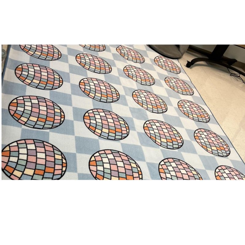 disco balls on blue checkerboard rug