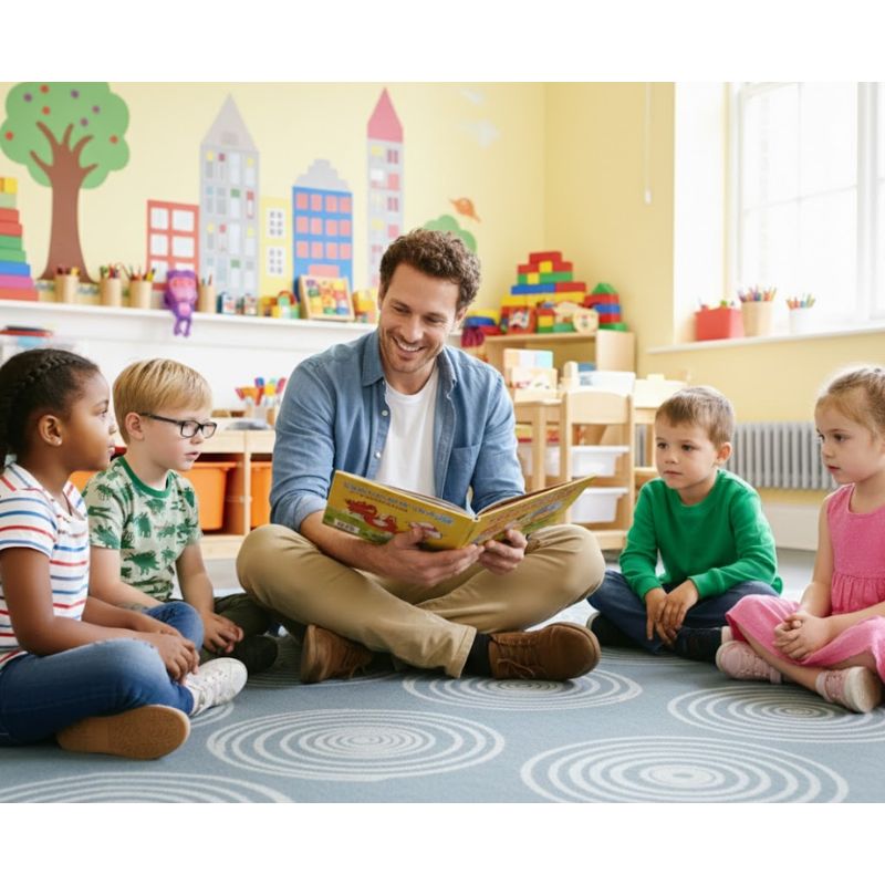 Teacher reading a book to children in a classroom setting on a Flagship Carpets  Seating Rug