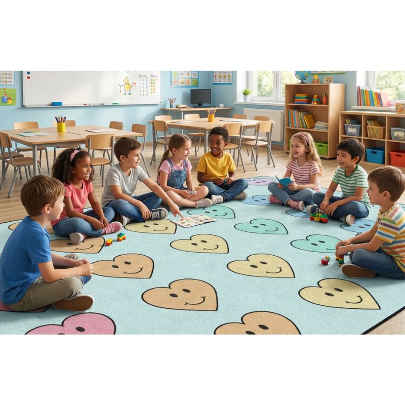 Children sitting on a colorful rug with smiley face patterns in a classroom setting.