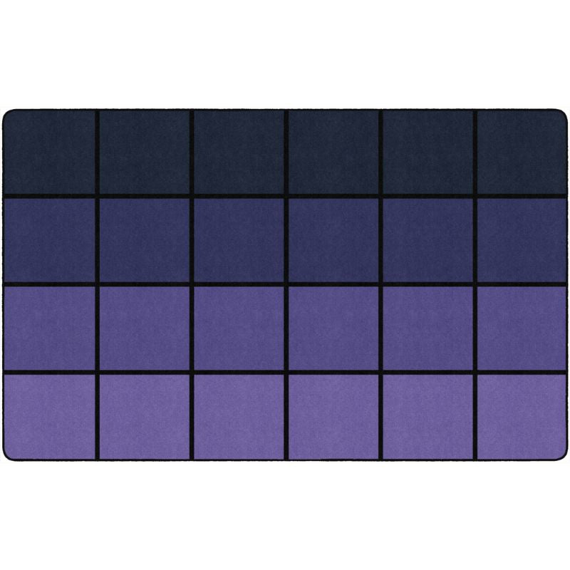 Rectangular mat with a grid pattern of alternating dark blue and purple squares on a white background