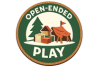 A circular vintage-style logo or emblem with the words 'OPEN ENDO PLAY' around a central illustration of a green landscape with a red-roofed structure and a white horse silhouette.