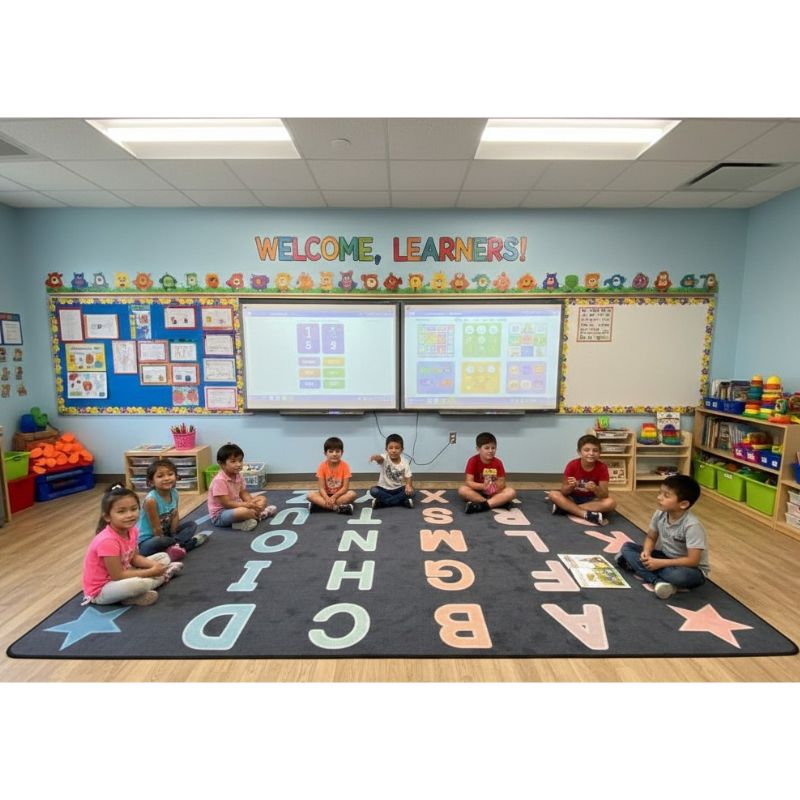 pastel paradise alphabet star rug with children 