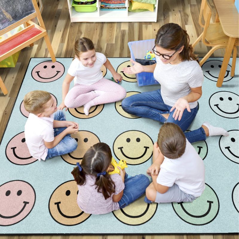 Pastel Rainbow Smiley Face Classroom Seating Rug